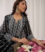 Floral Embroidered Notch Neck  Cotton A-Line Kurta With Trousers & Dupatta