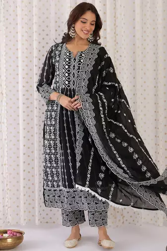 Floral Embroidered Notch Neck Pure Cotton A-Line Kurta With Trousers & Dupatta