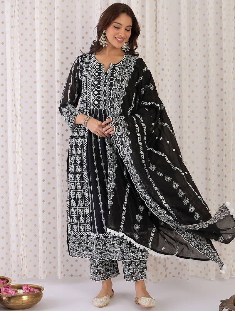 Floral Embroidered Notch Neck  Cotton A-Line Kurta With Trousers & Dupatta