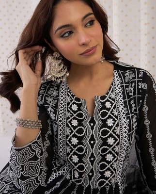 Floral Embroidered Notch Neck  Cotton A-Line Kurta With Trousers & Dupatta 3