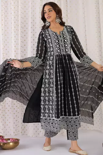 Floral Embroidered Notch Neck Pure Cotton A-Line Kurta With Trousers & Dupatta