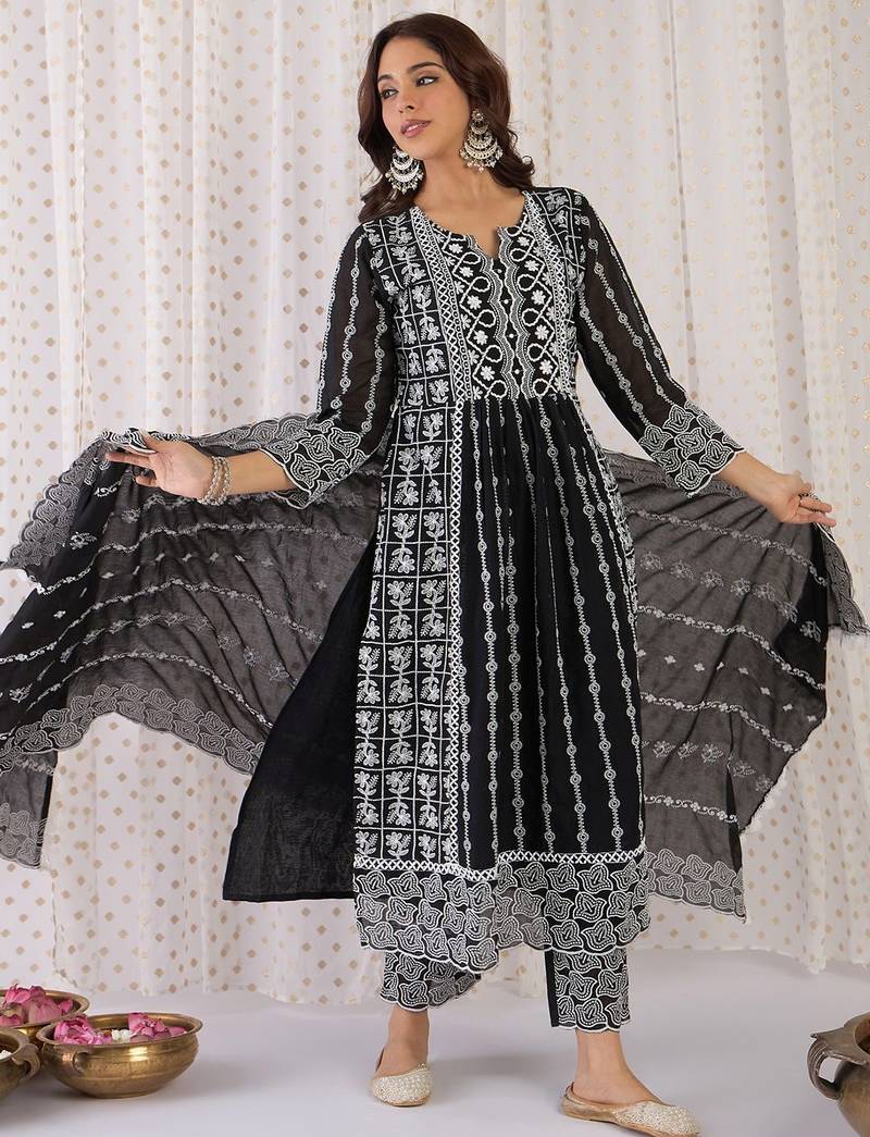 Floral Embroidered Notch Neck  Cotton A-Line Kurta With Trousers & Dupatta