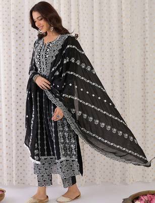 Floral Embroidered Notch Neck  Cotton A-Line Kurta With Trousers & Dupatta 6
