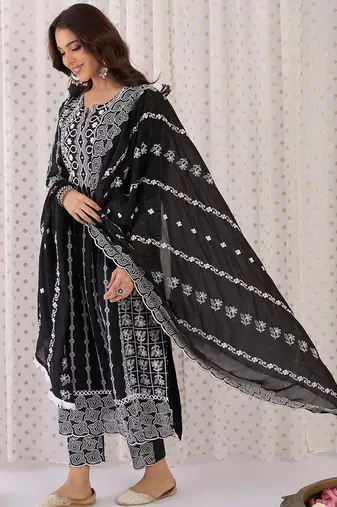 Floral Embroidered Notch Neck Pure Cotton A-Line Kurta With Trousers & Dupatta
