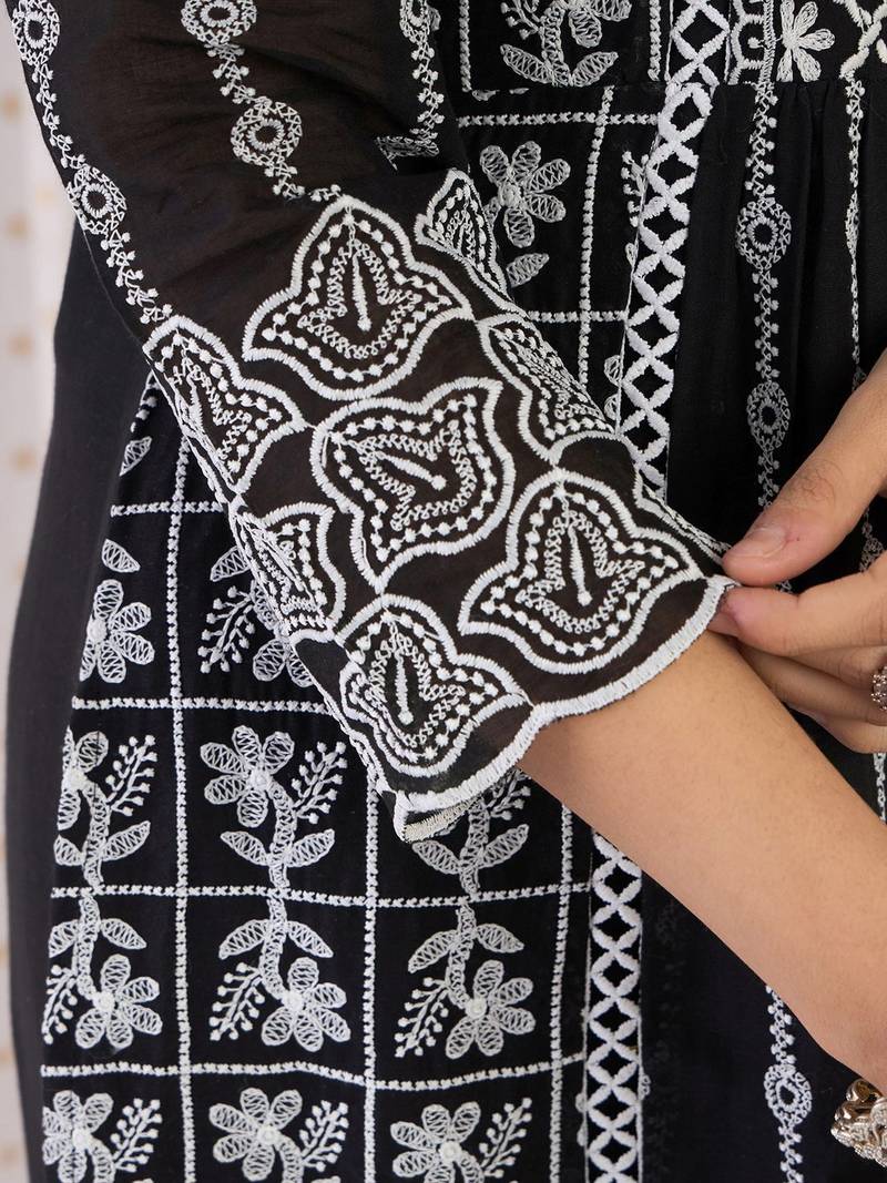 Floral Embroidered Notch Neck  Cotton A-Line Kurta With Trousers & Dupatta