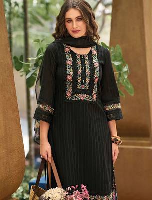 Women Floral Regular Thread Work Linen Kurta with Trousers & With Dupatta 1
