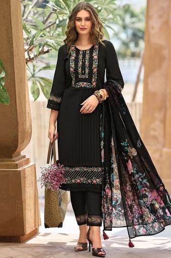 Women Floral Thread Work Linen Kurta with Trousers & With Dupatta