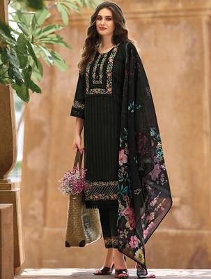 Women Floral Regular Thread Work Linen Kurta with Trousers & With Dupatta 6