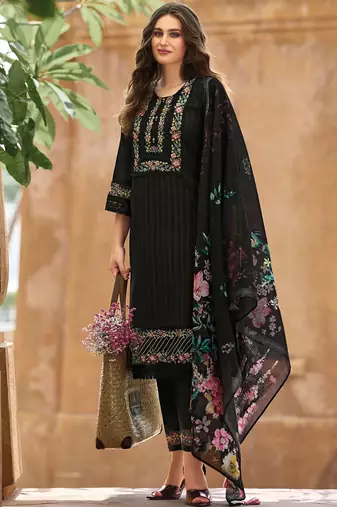 Women Floral Regular Thread Work Linen Kurta with Trousers & With Dupatta