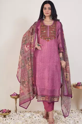 Embroidered Round Neck Thread Work Chanderi Cotton Kurta With Trousers & Dupatta