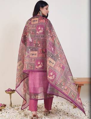 Embroidered Round Neck Thread Work Chanderi Cotton Kurta With Trousers & Dupatta 5