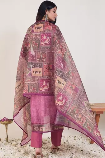 Embroidered Round Neck Thread Work Chanderi Cotton Kurta With Trousers & Dupatta