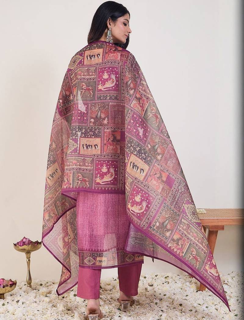 Embroidered Round Neck Thread Work Chanderi Cotton Kurta With Trousers & Dupatta