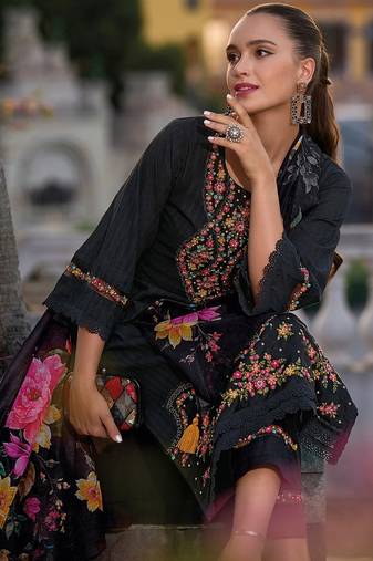 Floral Embroidered Thread Work Cotton Straight Kurta Set