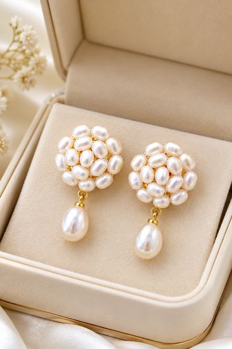 Freshwater pearl cluster drop earrings with gold-tone accents