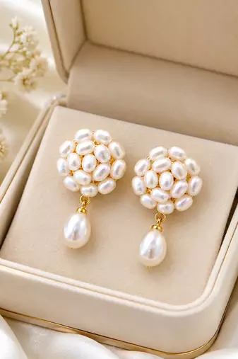 Freshwater pearl cluster drop earrings with gold-tone accents