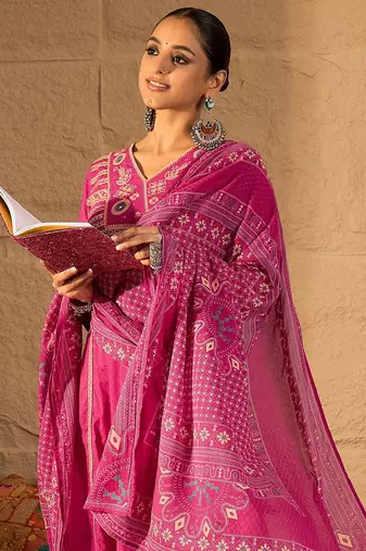 Embroidered V-Neck Pure Cotton Straight Kurta With Trousers And Dupatta