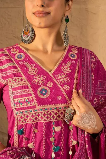 Embroidered V-Neck Pure Cotton Straight Kurta With Trousers And Dupatta