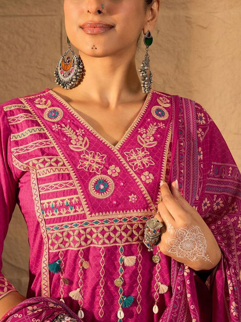 Embroidered V-Neck Pure Cotton Straight Kurta With Trousers And Dupatta