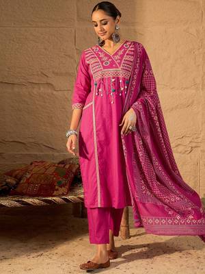 Embroidered V-Neck Pure Cotton Straight Kurta With Trousers And Dupatta 3