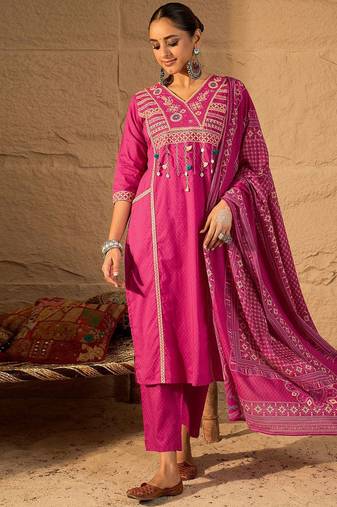 Embroidered V-Neck Cotton Straight Kurta With Trousers And Dupatta