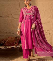 Embroidered V-Neck Cotton Straight Kurta With Trousers And Dupatta