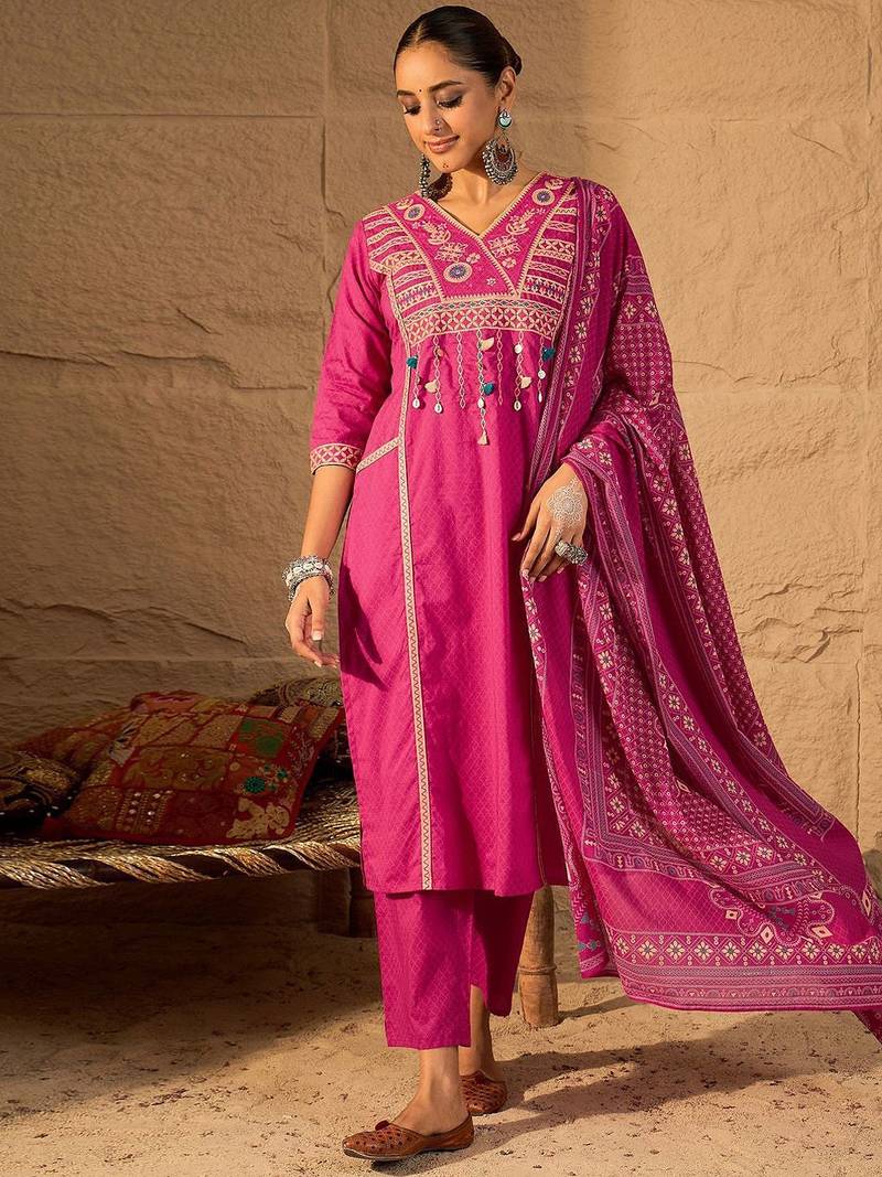 Embroidered V-Neck Pure Cotton Straight Kurta With Trousers And Dupatta