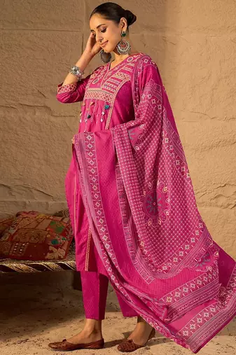 Embroidered V-Neck Pure Cotton Straight Kurta With Trousers And Dupatta