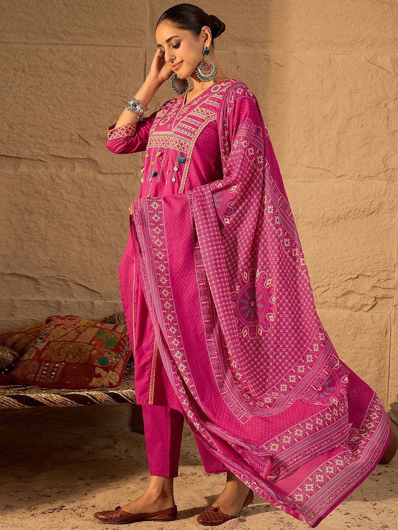 Embroidered V-Neck Pure Cotton Straight Kurta With Trousers And Dupatta