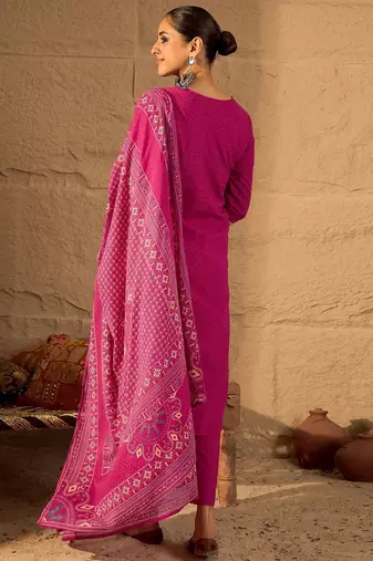 Embroidered V-Neck Pure Cotton Straight Kurta With Trousers And Dupatta