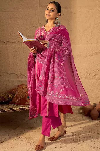Embroidered V-Neck Pure Cotton Straight Kurta With Trousers And Dupatta