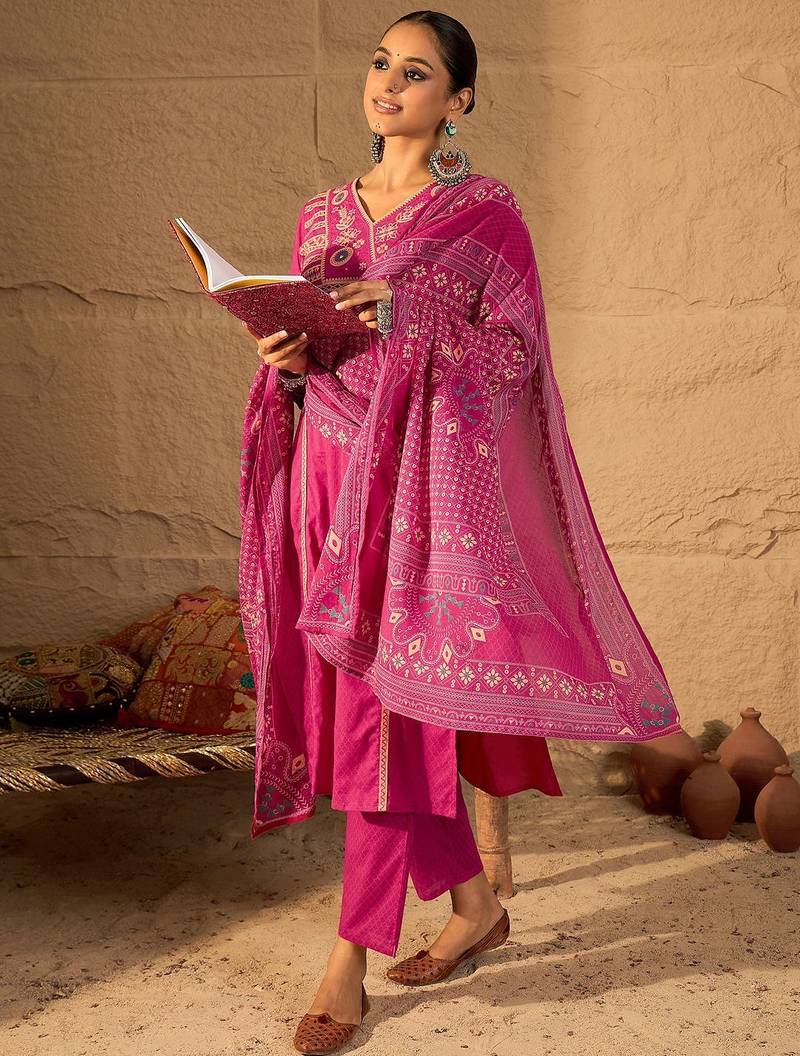 Embroidered V-Neck Pure Cotton Straight Kurta With Trousers And Dupatta
