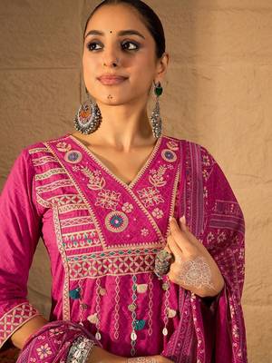 Embroidered V-Neck Pure Cotton Straight Kurta With Trousers And Dupatta 7