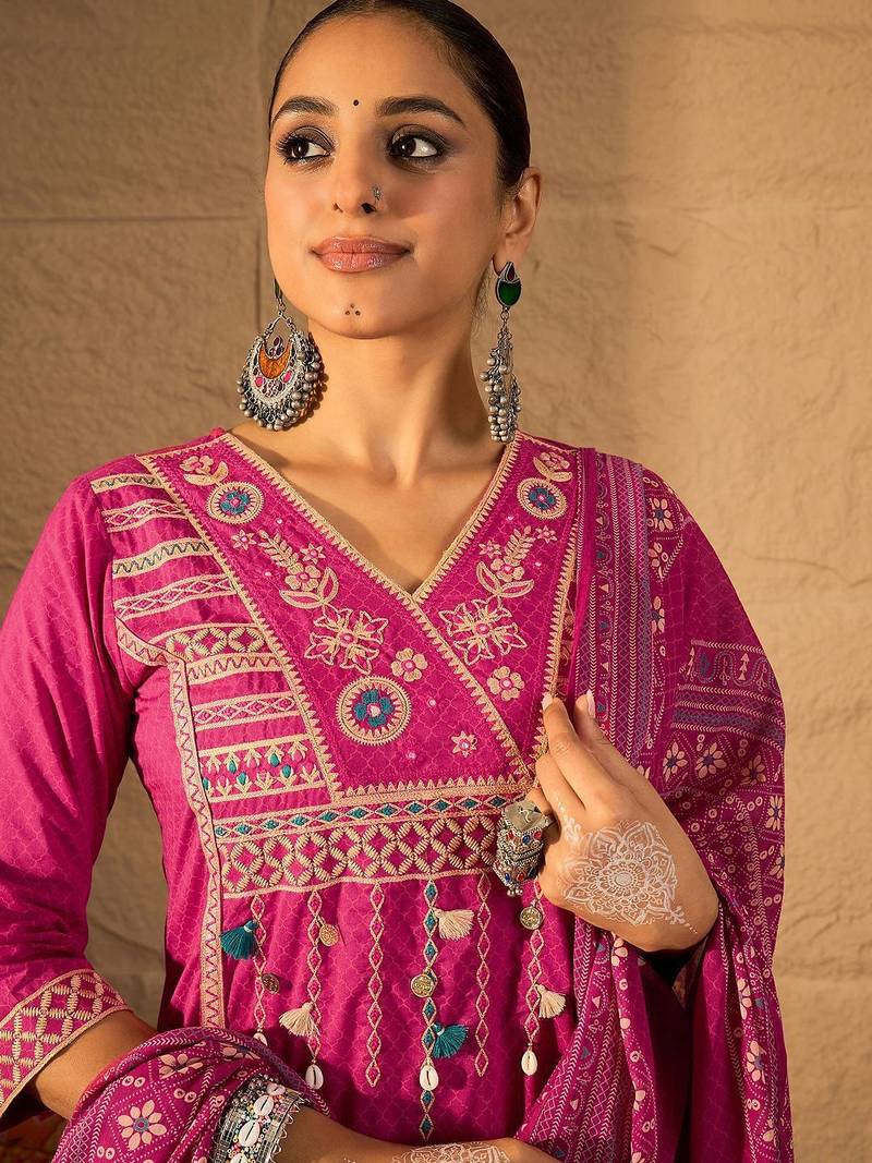 Embroidered V-Neck Pure Cotton Straight Kurta With Trousers And Dupatta
