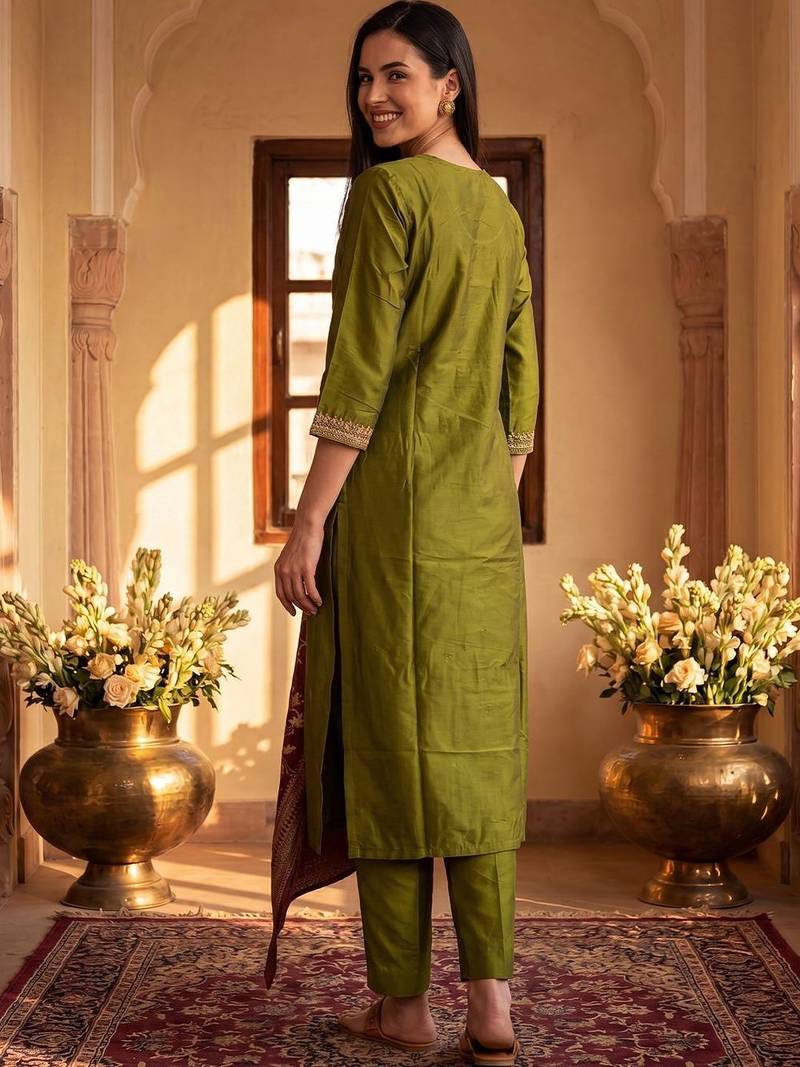 Women Ethnic Motifs Embroidered Regular Thread Work Kurta with Trousers & With Dupatta