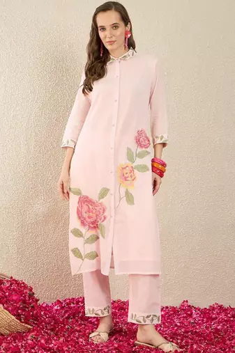 Women Floral Embroidered Regular Thread Work  Cotton Kurta with Trousers