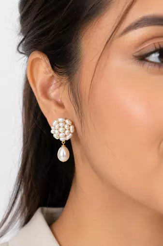 Freshwater pearl cluster drop earrings with gold-tone accents