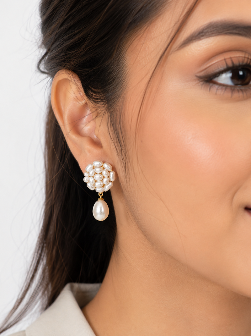 Freshwater pearl cluster drop earrings with gold-tone accents