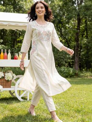 Women Floral Embroidered Regular Thread Work Pure Cotton Kurta with Trousers 3