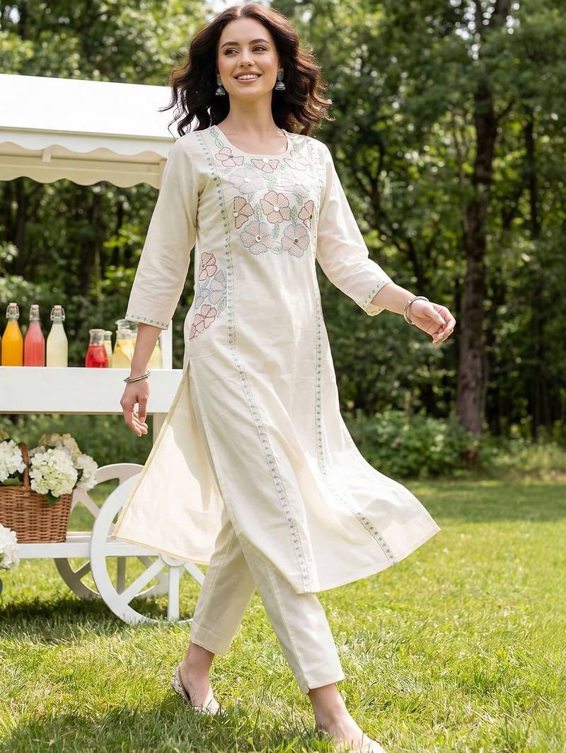 Women Floral Embroidered Regular Thread Work Pure Cotton Kurta with Trousers