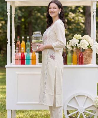 Women Floral Embroidered Regular Thread Work Pure Cotton Kurta with Trousers 4