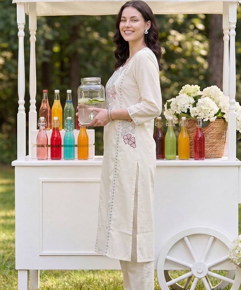 Women Floral Embroidered Regular Thread Work Pure Cotton Kurta with Trousers