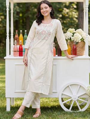 Women Floral Embroidered Regular Thread Work Pure Cotton Kurta with Trousers 5