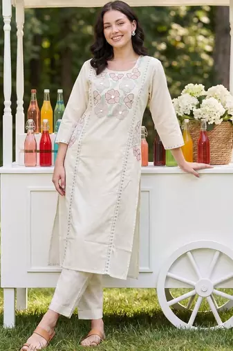 Women Floral Embroidered Regular Thread Work Pure Cotton Kurta with Trousers