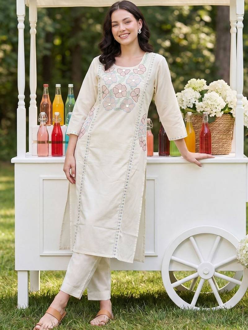 Women Floral Embroidered Regular Thread Work Pure Cotton Kurta with Trousers