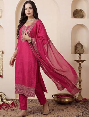 Women Ethnic Motifs Embroidered Regular Chanderi Cotton Kurta with Trousers & With Dupatta 1