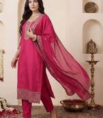 Women Ethnic Motifs Embroidered Regular Chanderi Cotton Kurta with Trousers & With Dupatta