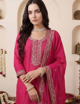 Women Ethnic Motifs Embroidered Regular Chanderi Cotton Kurta with Trousers & With Dupatta 2