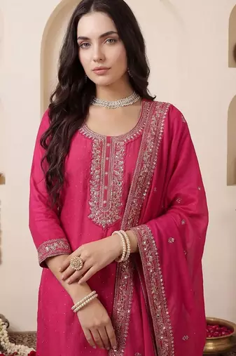 Women Ethnic Motifs Embroidered Regular Chanderi Cotton Kurta with Trousers & With Dupatta