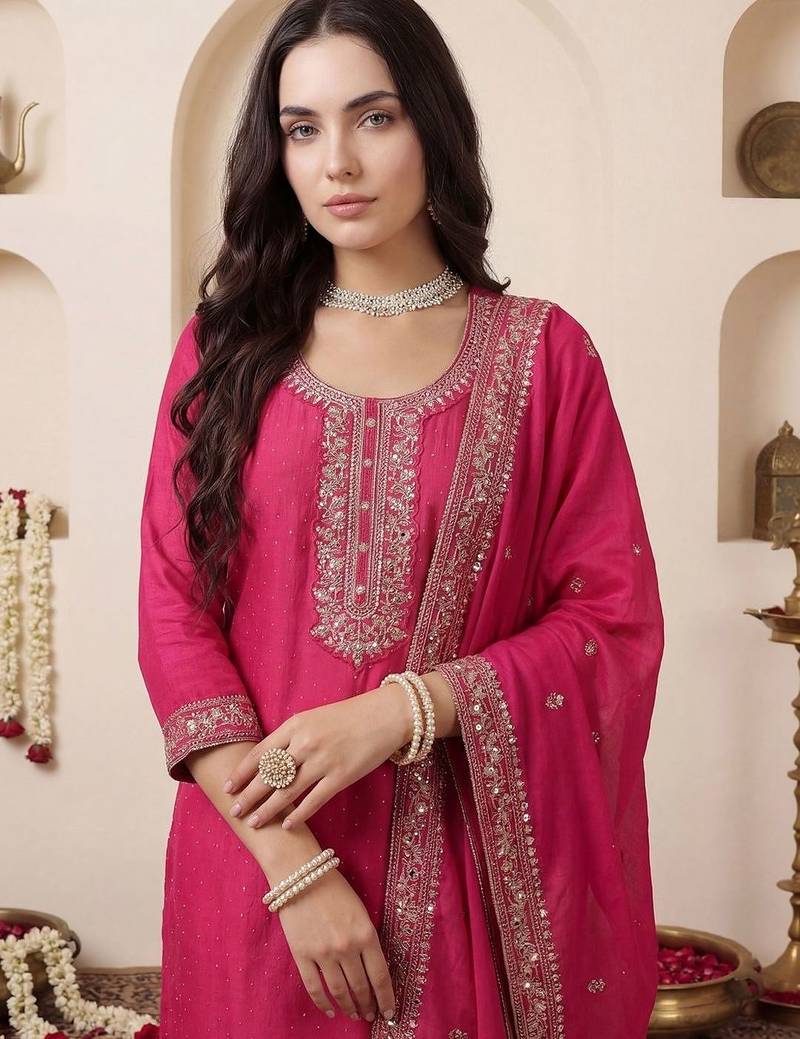 Women Ethnic Motifs Embroidered Regular Chanderi Cotton Kurta with Trousers & With Dupatta